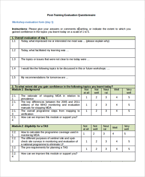 post training evaluation questionnaire
