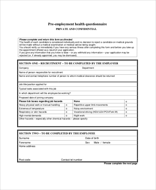 pre employment health questionnaire 