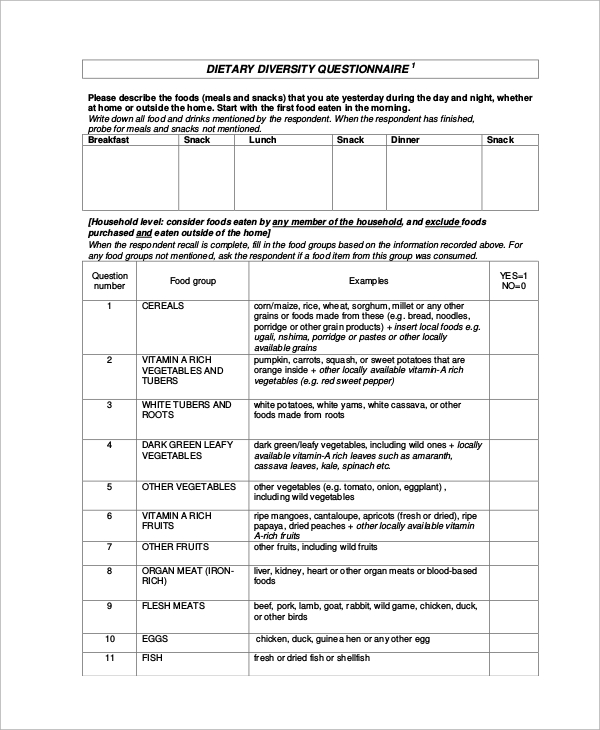 household dietary diversity questionnaire