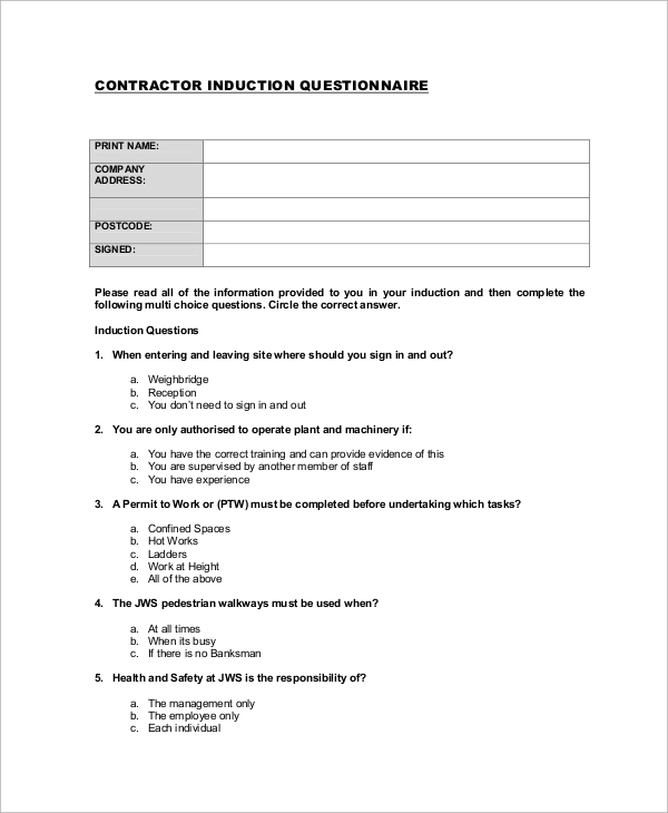 contractor induction questionnaire