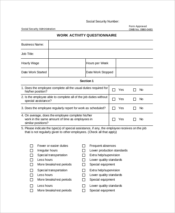 work activity questionnaire form