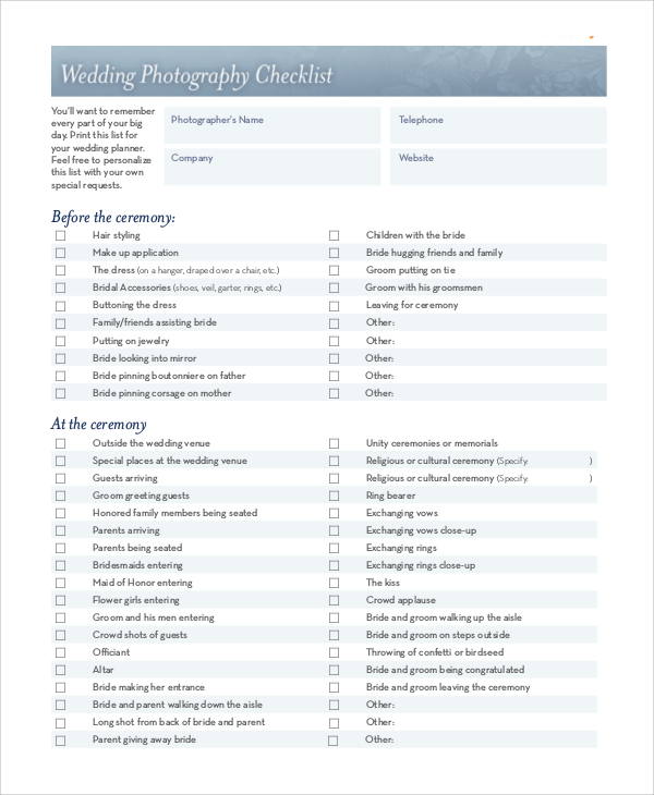 wedding photography checklist pdf