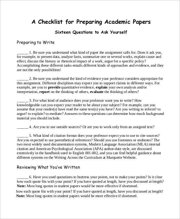 academic paper checklist