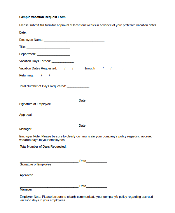 FREE 8+ Sample Vacation Request Forms in PDF MS Word