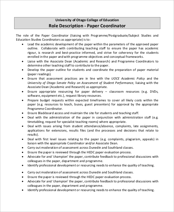 job description coordinator paper 
