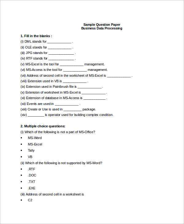 Ms Word Question Paper Format