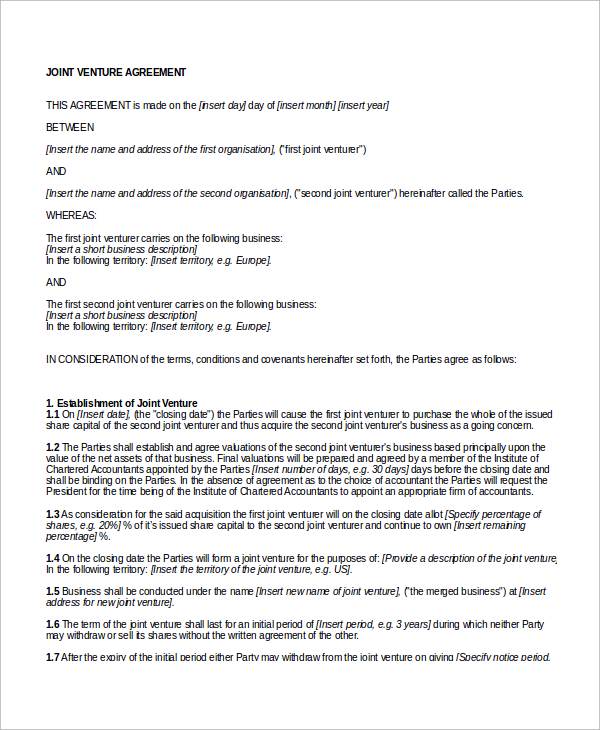 joint venture agreement sample word format