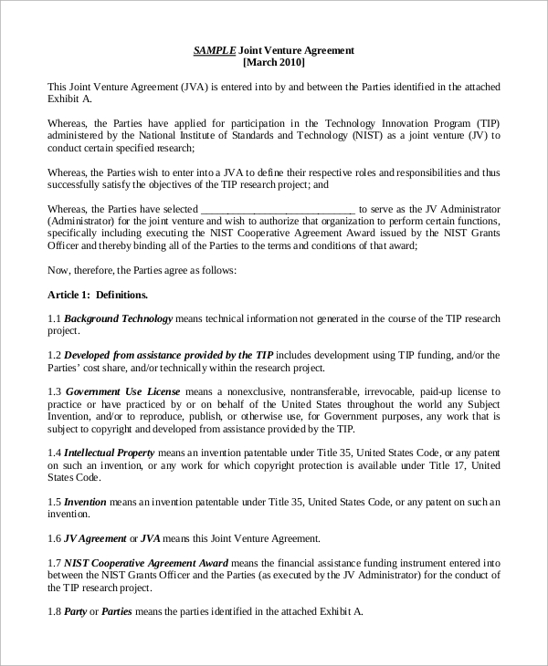 joint venture agreement format