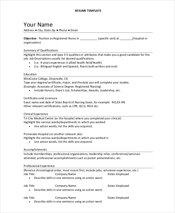 9+ Sample Registered Nurse Resumes  Sample Templates