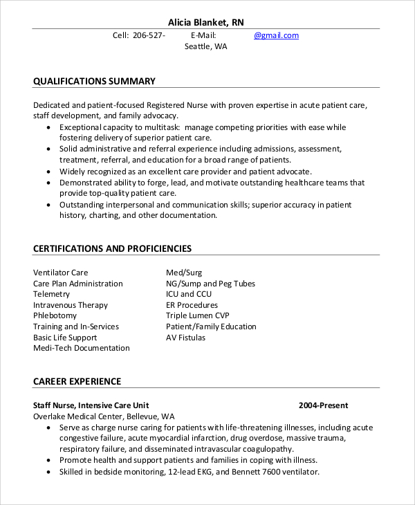 resume template examples for a registered nurse