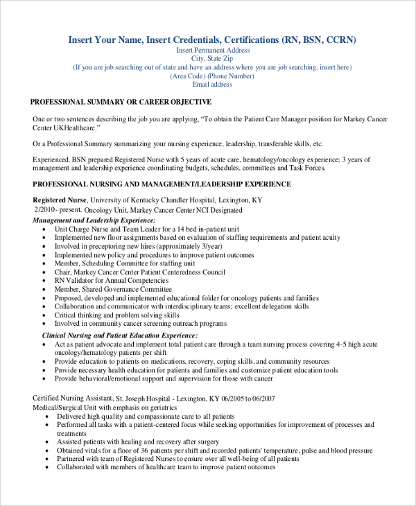 professional registered nurse resume