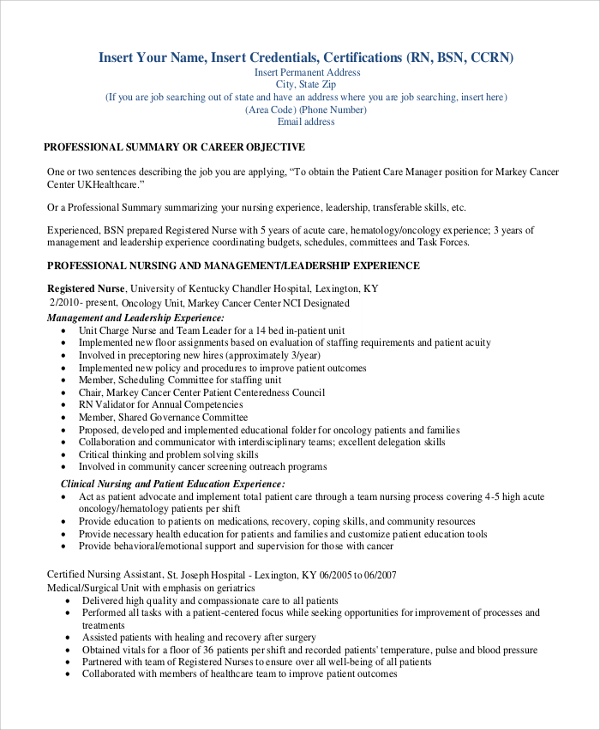 Free Sample Registered Nurse Resume Templates In Ms Word Pdf