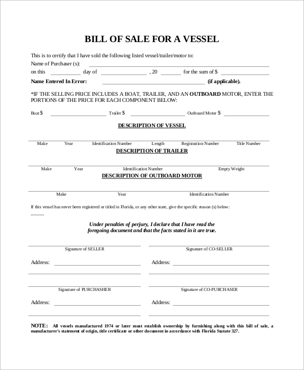 bill of sales for vessel