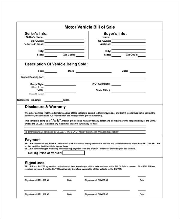 motor vehicle bill of sales 
