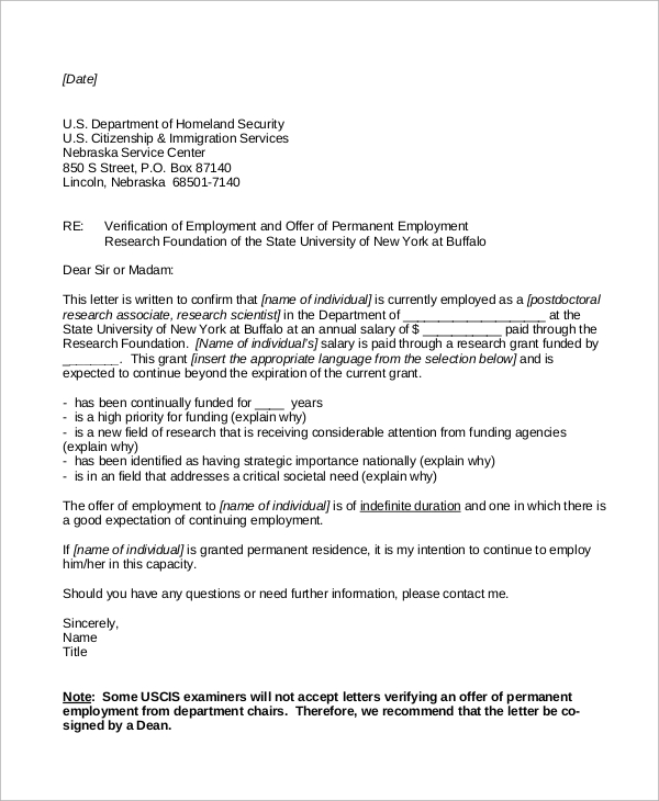employment verification letter for immigration