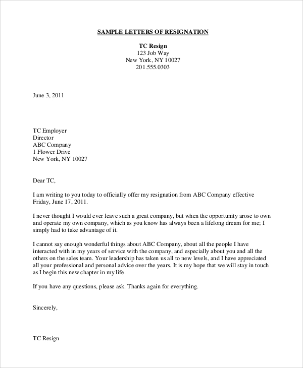 Sample Resignation Letter Templates In