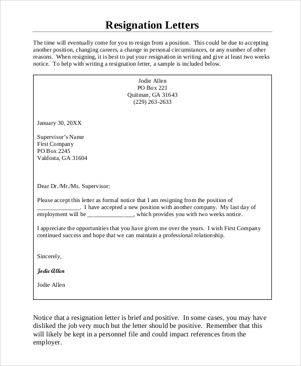 Proper Resignation Letter - Sample Resignation Letter