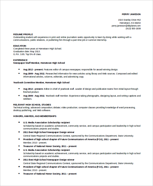 simple academic resume example