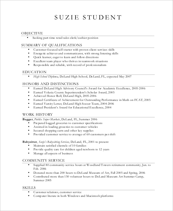 simple resume example for students