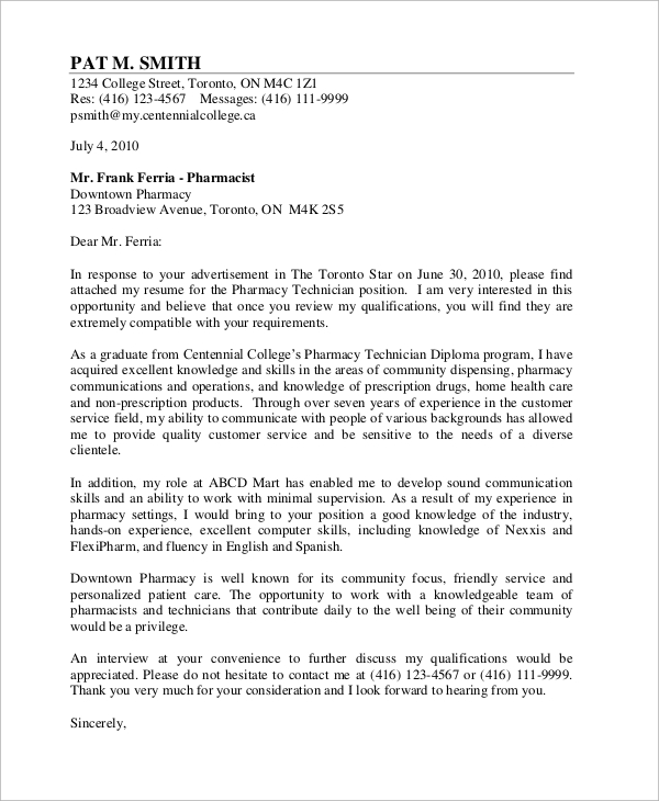 pharmacist position cover letter