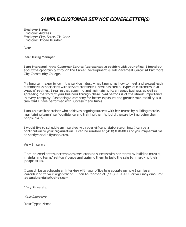 cover letter example for customer service
