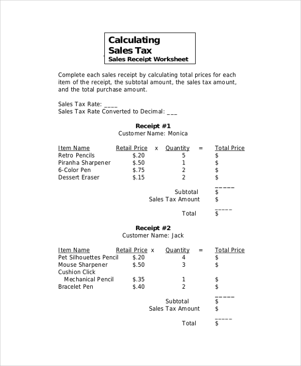 Calculating Sales Tax Worksheet