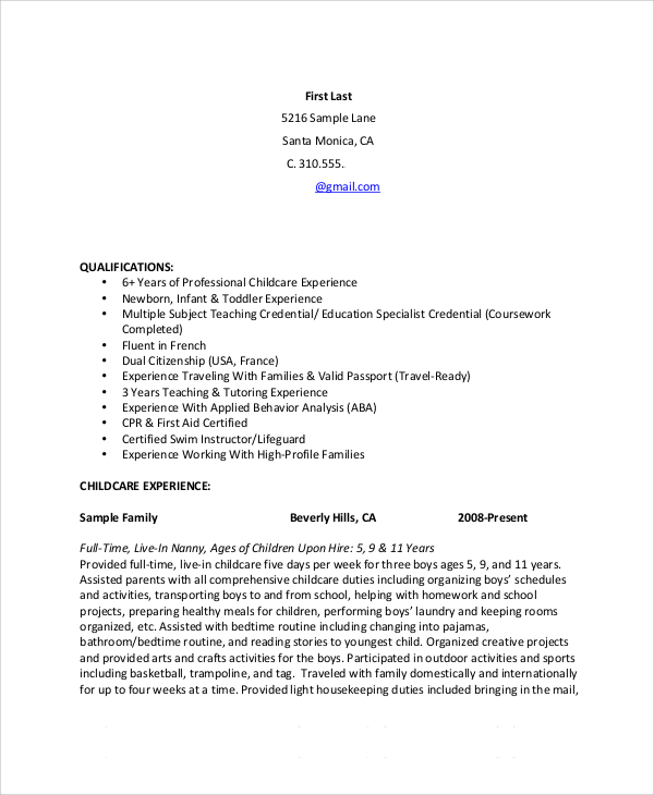 FREE 7+ Sample Babysitter Resume Templates in MS Word | PDF