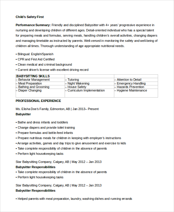 FREE 7+ Sample Babysitter Resume Templates in MS Word PDF