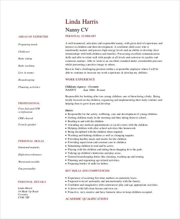 Nanny Resume Example Sample Babysitting Children