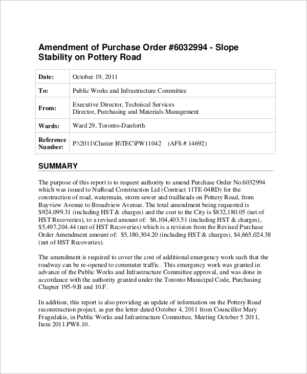 amendment purchase order report