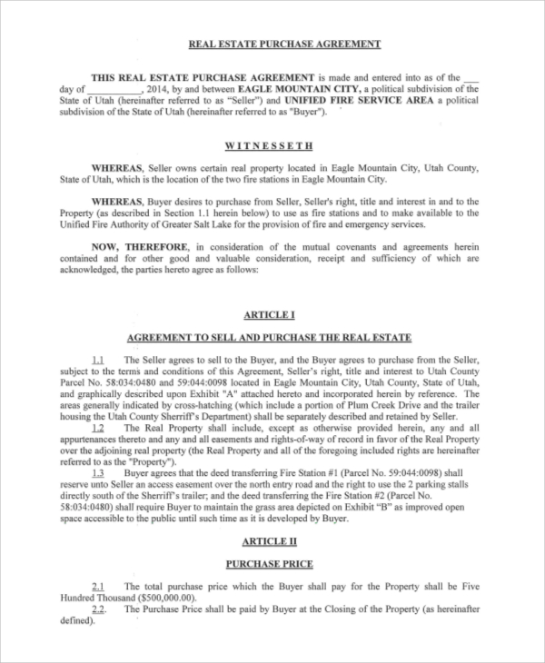 real estate purchase agreement sample