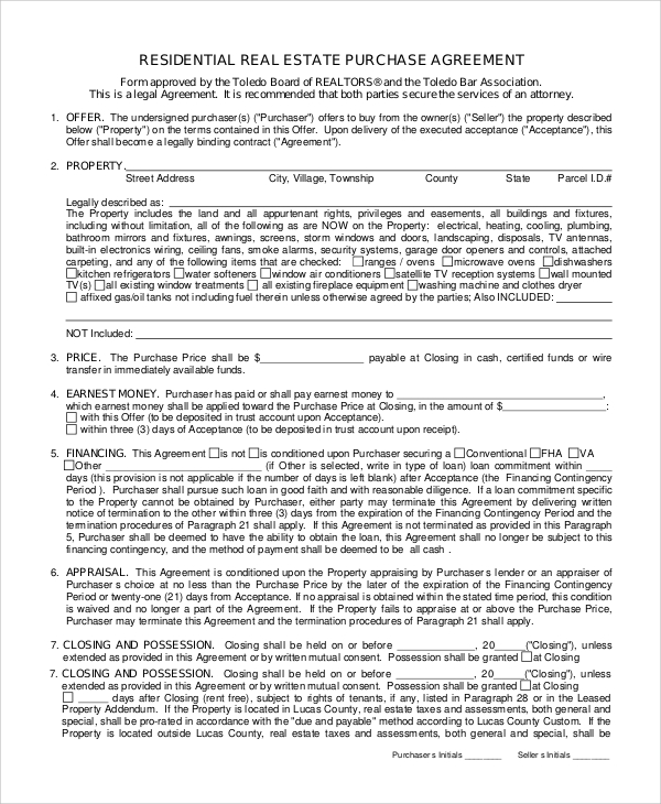 residential real estate purchase agreement