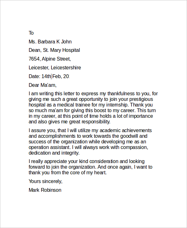 professional thank you letter for internship