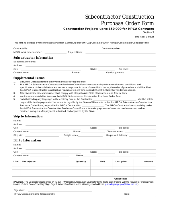 subcontractor construction purchase order form
