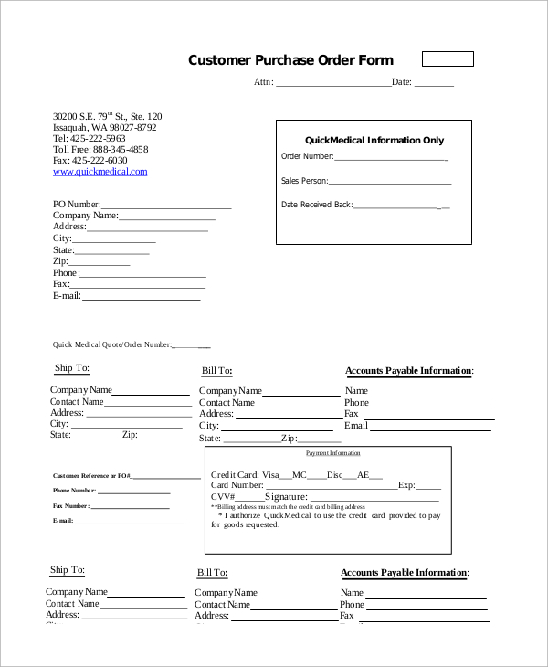 customer purchase order form