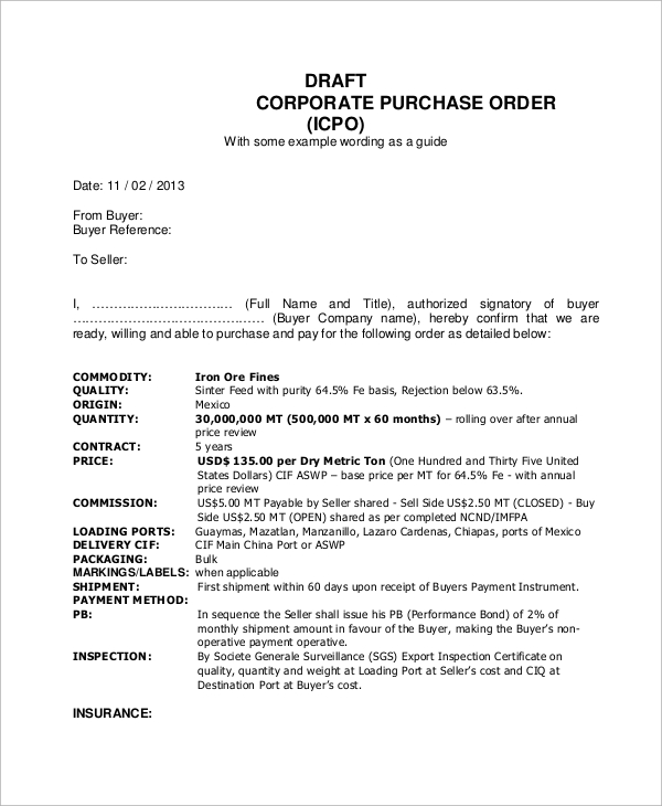draft corporate purchase order