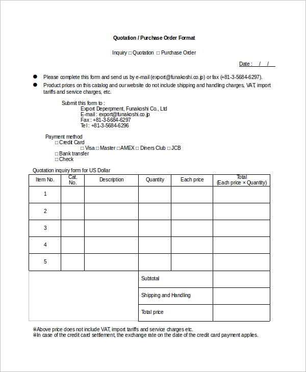 quotation purchase order format