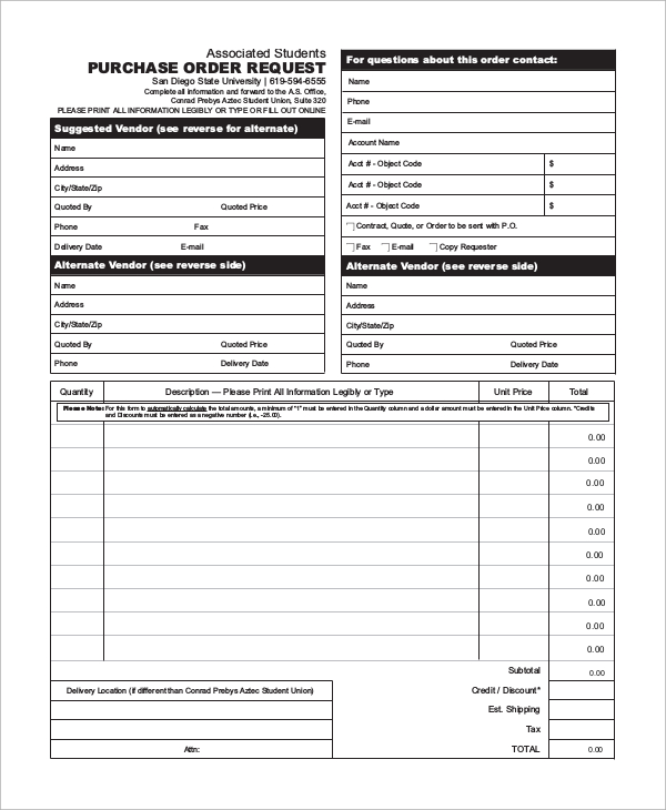 vendors purchase order request form