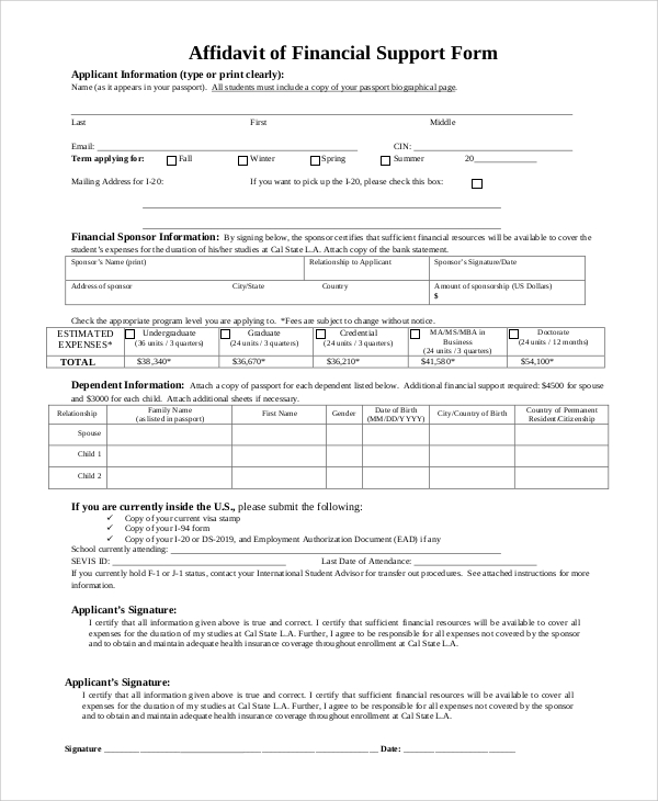 affidavit of financial support form