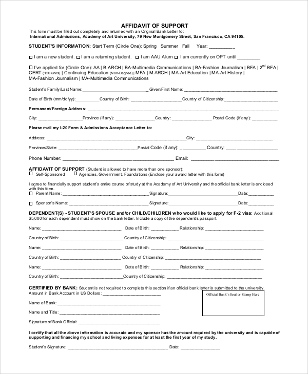 9+ Sample Affidavit of Support Forms  Sample Templates