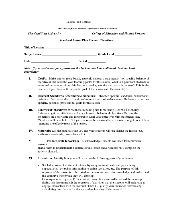 standard lesson plan format1