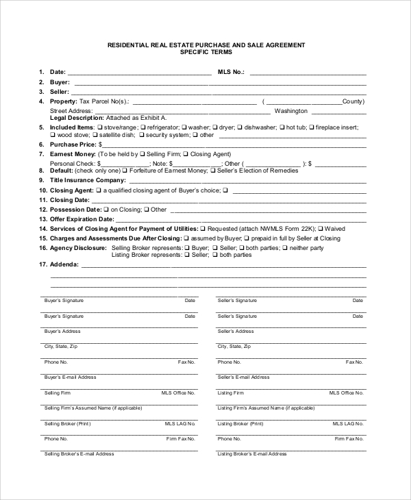 residential purchase and sale agreement form