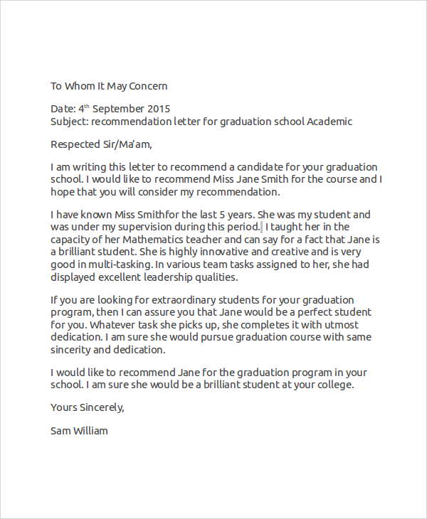 academic letter of recommendation