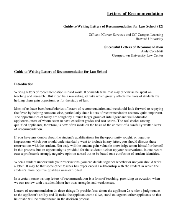 letters of recommendation for law school