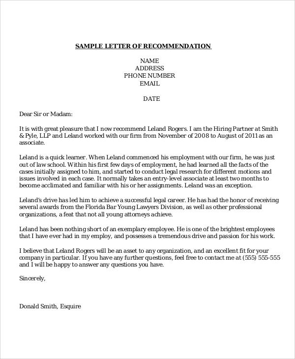 Reference Letter Of Recommendation Sample