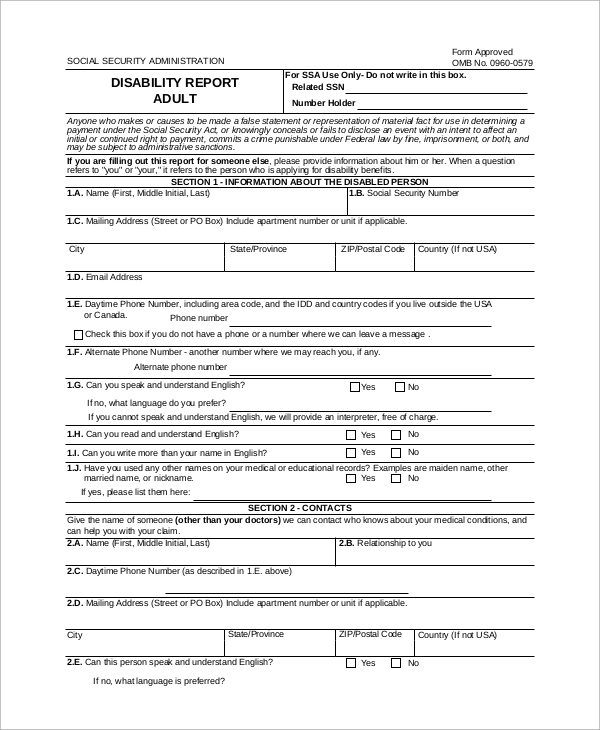 FREE 6  Sample Social Security Disability Forms in PDF