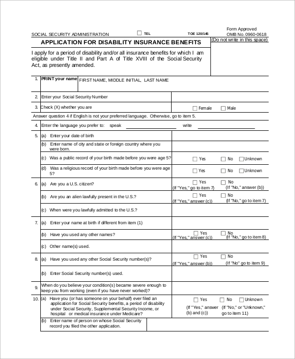 social security disability application insurance form 