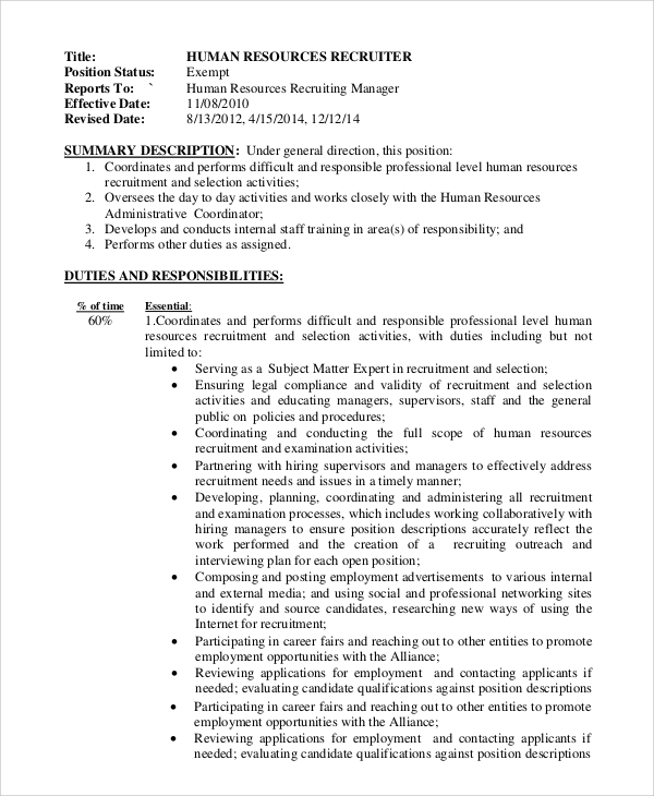 student recruiter job description for resume