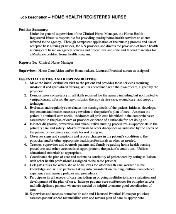 FREE 8 Sample Registered Nurse Job Description Templates In PDF MS Word   Home Health Registered Nurse Job Description 