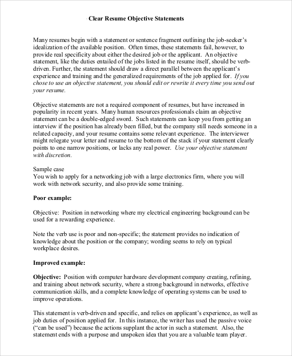 Sample Resume Objective Statement - 8+ Examples in PDF